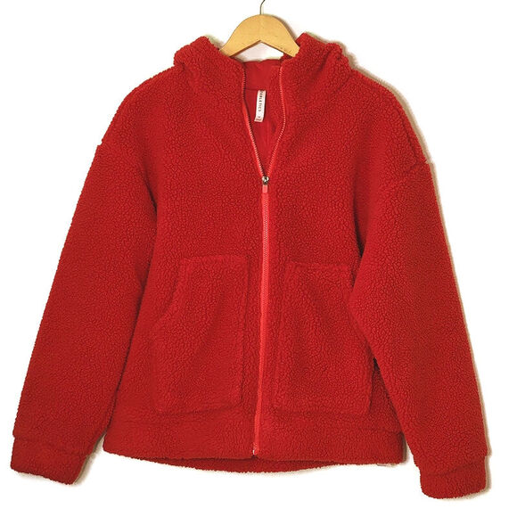 Fabletics Teddy Fleece Jacket Zip Front Hood Sporty Athleisure Cozy Red Size M - Picture 13 of 13